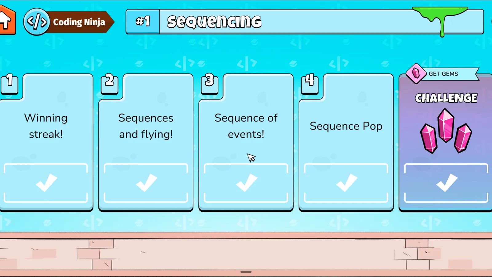 מסך שלבי התכנות ב-NickAcademy, מסלול Coding Ninja